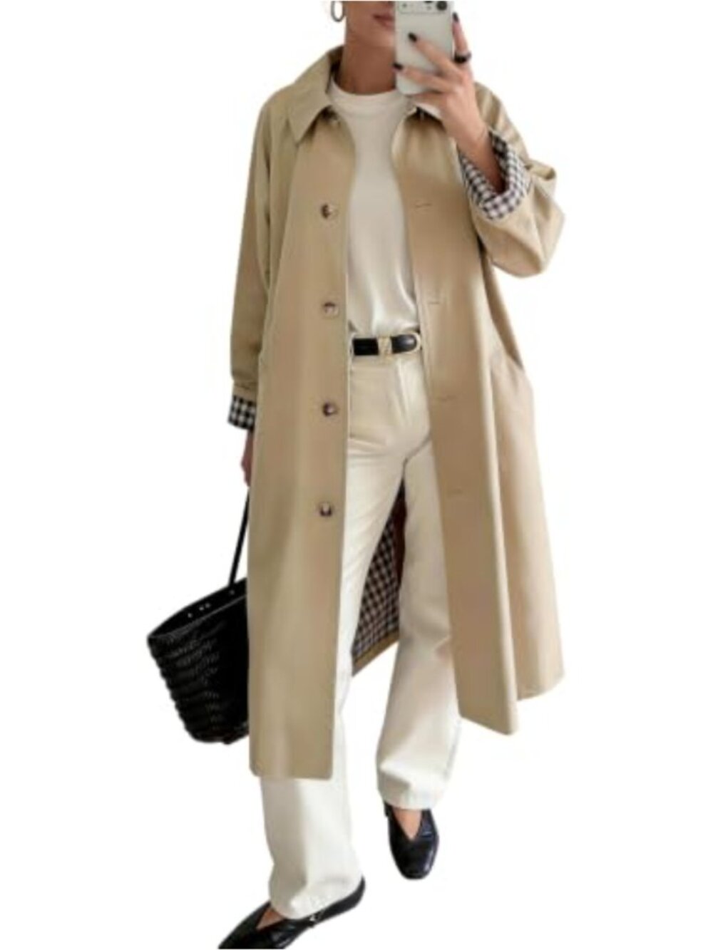 Women's Oversized Long Trench Coat Windproof Plaid Lining Khaki